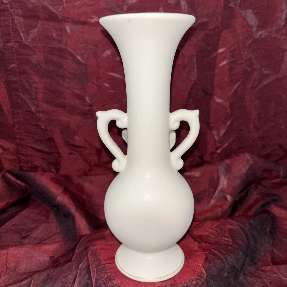 Vintage Wales White Bisque Bud Vase With Applied Roses Handles Brushed Gold EUC